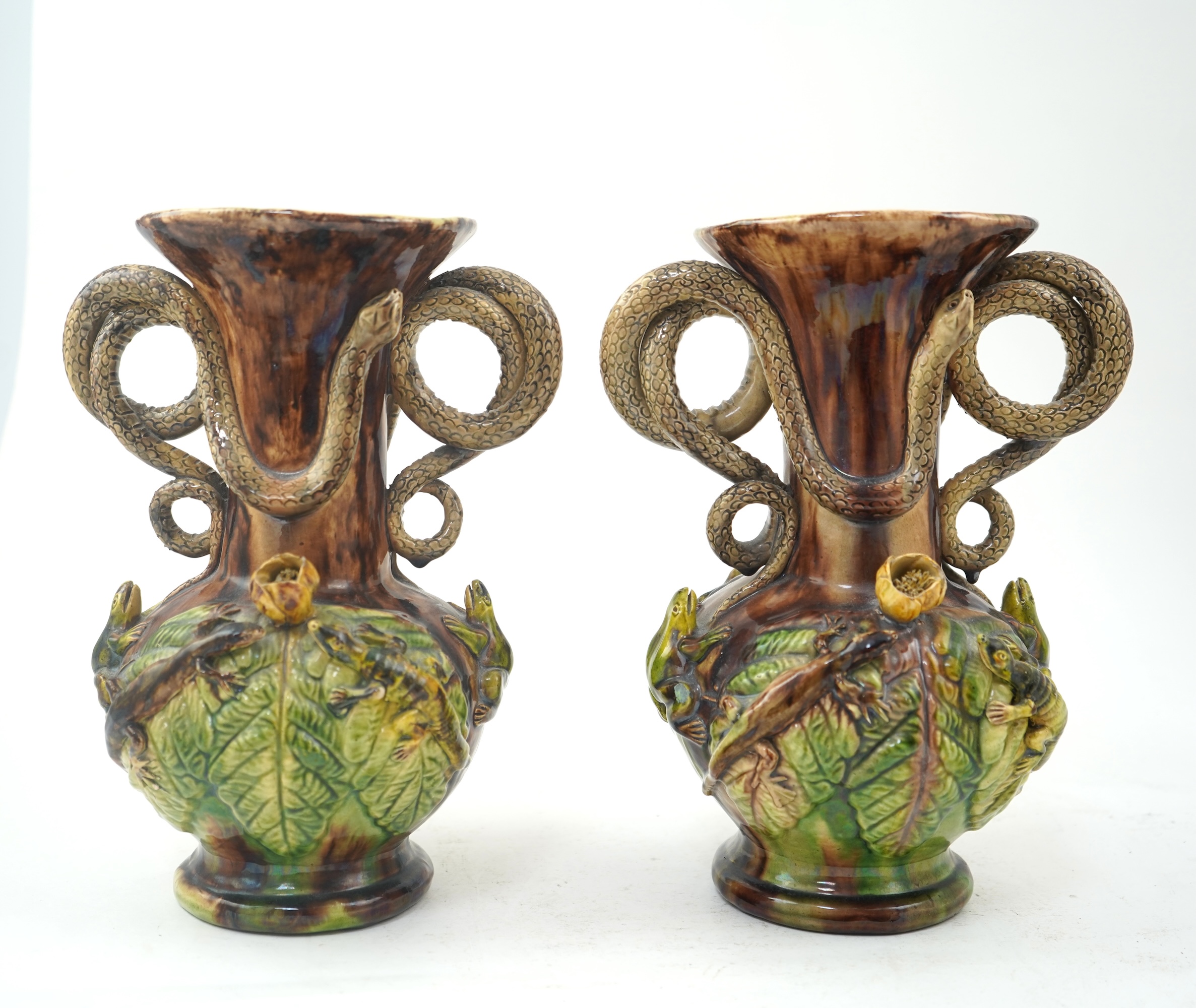A pair of Palissy ware two handled vases, by Mafra Caldas Da Rainha, late 19th century